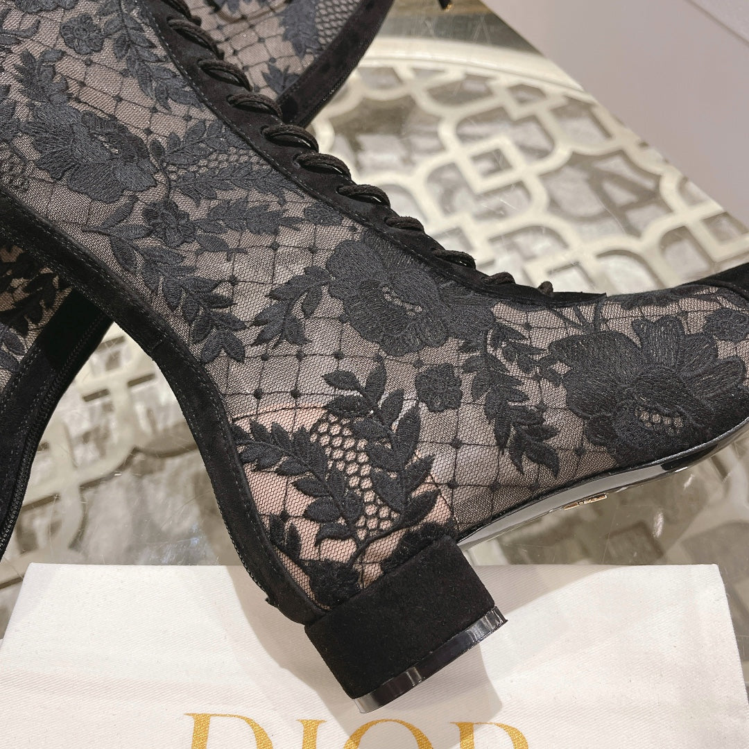 NAUGHTILY-D BOOT BLACK TRANSPARENT MESH AND SUEDE EMBROIDERED WITH ROSES MOTIF 35 MM