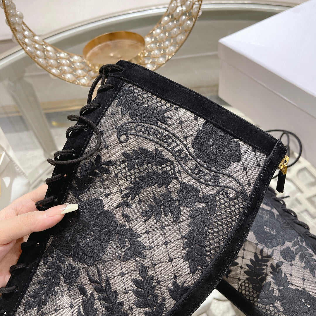 NAUGHTILY-D BOOT BLACK TRANSPARENT MESH AND SUEDE EMBROIDERED WITH ROSES MOTIF 35 MM