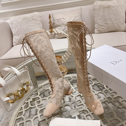 NAUGHTILY-D BOOT NUDE BEIGE TRANSPARENT MESH AND SUEDE EMBROIDERED WITH ROSES MOTIF 35 MM