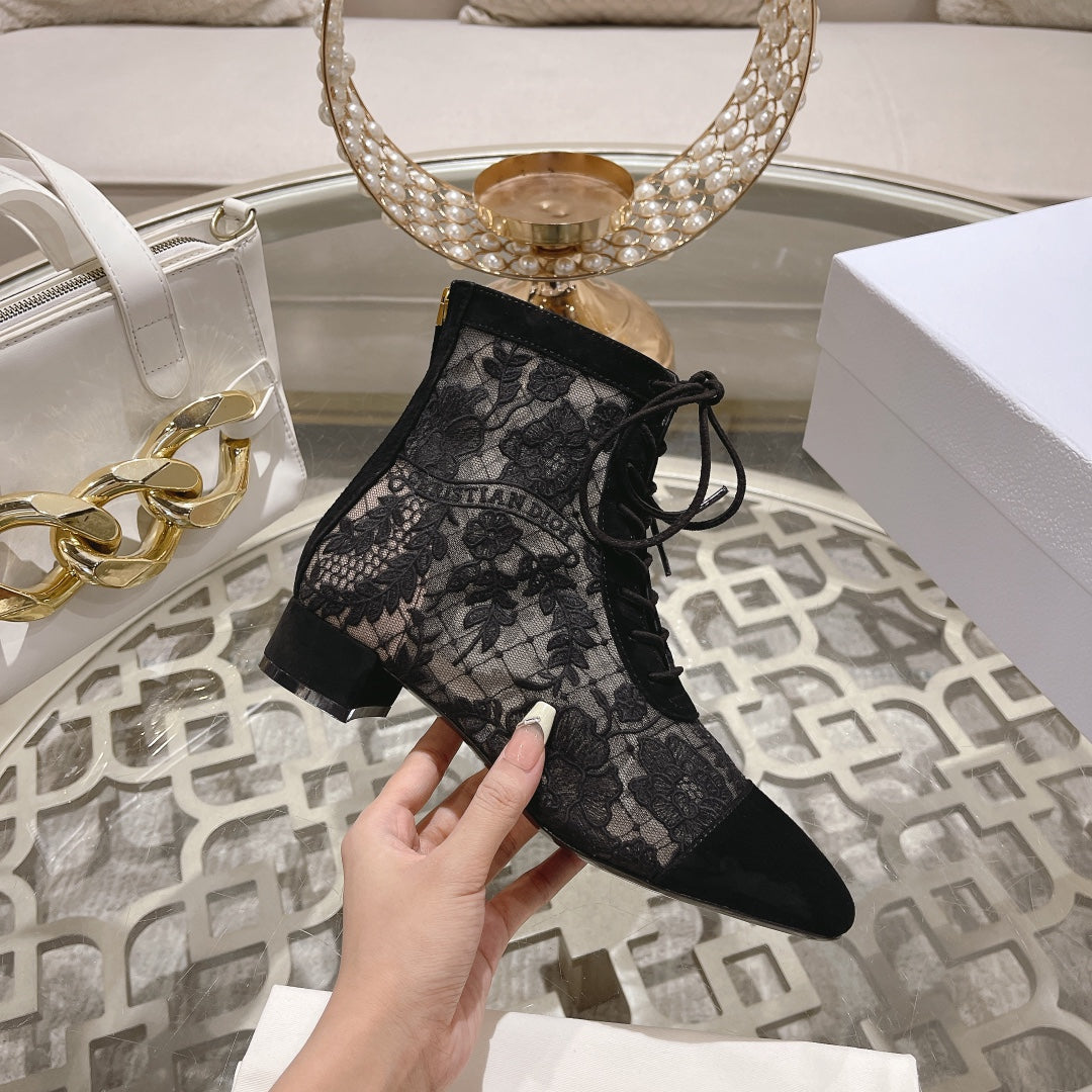 NAUGHTILY-D ANKLE BOOT BLACK TRANSPARENT MESH AND SUEDE EMBROIDERED WITH ROSES MOTIF 35 MM