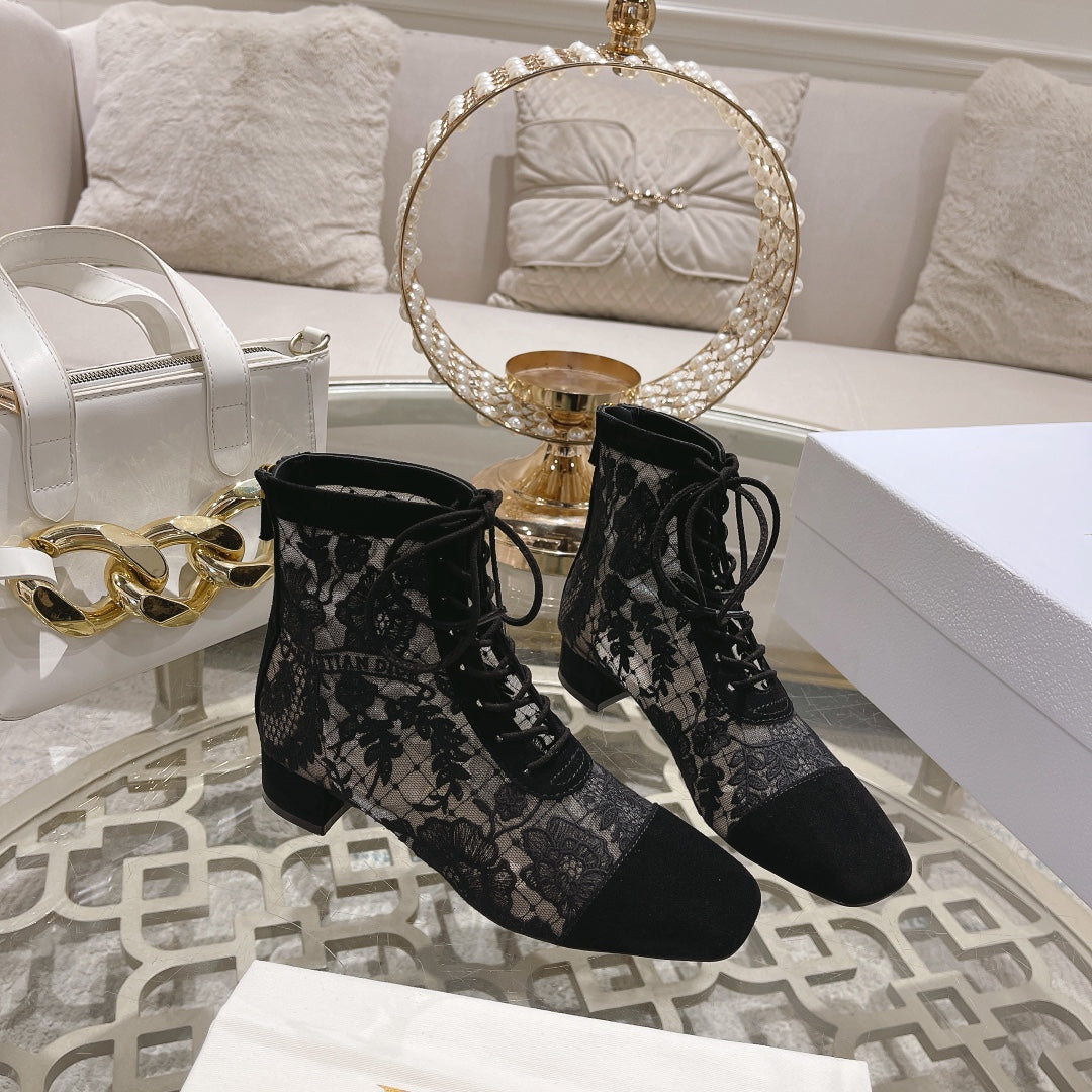 NAUGHTILY-D ANKLE BOOT BLACK TRANSPARENT MESH AND SUEDE EMBROIDERED WITH ROSES MOTIF 35 MM