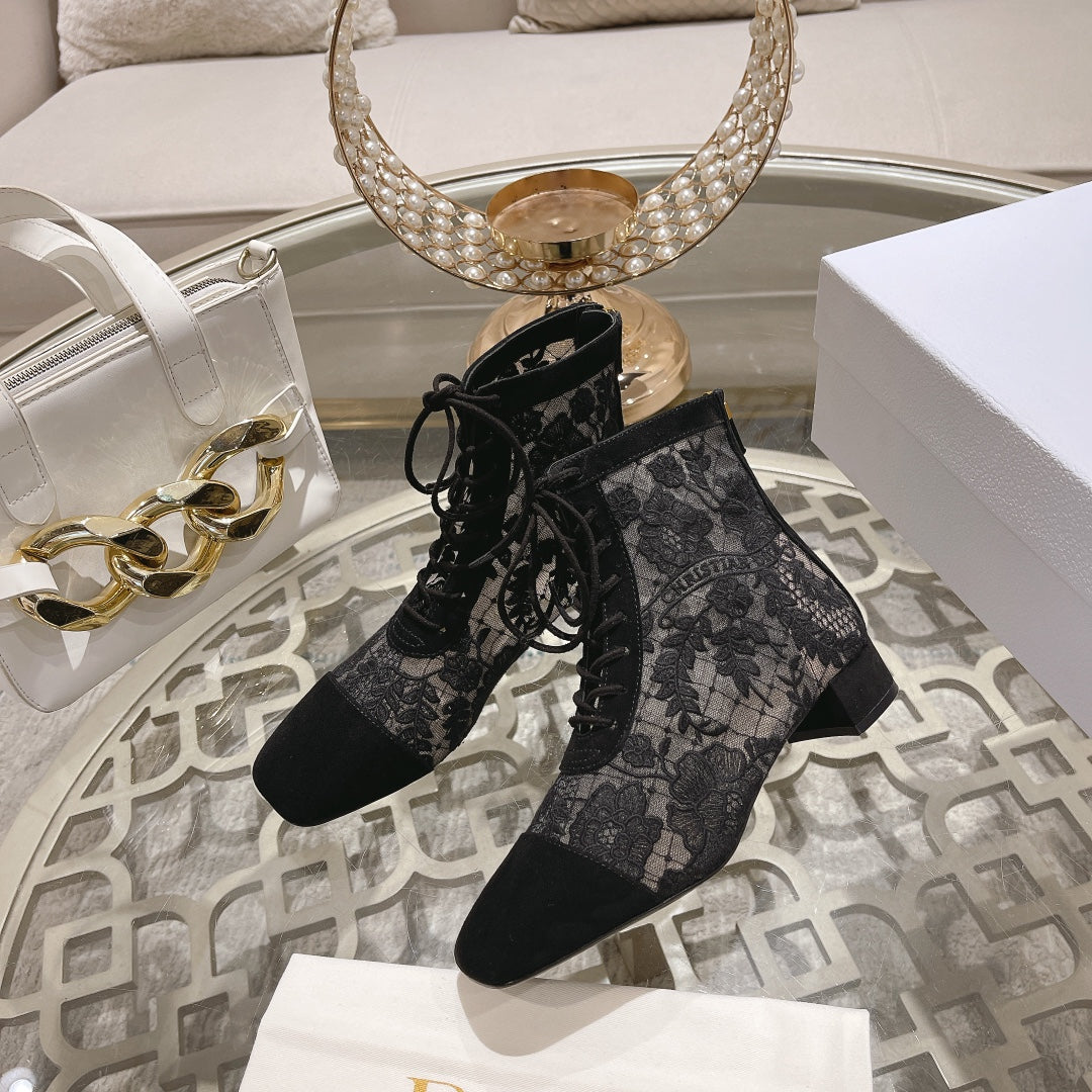 NAUGHTILY-D ANKLE BOOT BLACK TRANSPARENT MESH AND SUEDE EMBROIDERED WITH ROSES MOTIF 35 MM