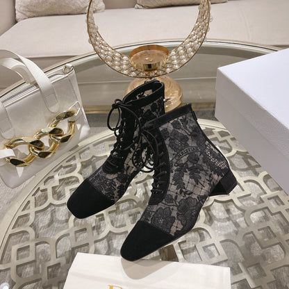 NAUGHTILY-D ANKLE BOOT BLACK TRANSPARENT MESH AND SUEDE EMBROIDERED WITH ROSES MOTIF 35 MM