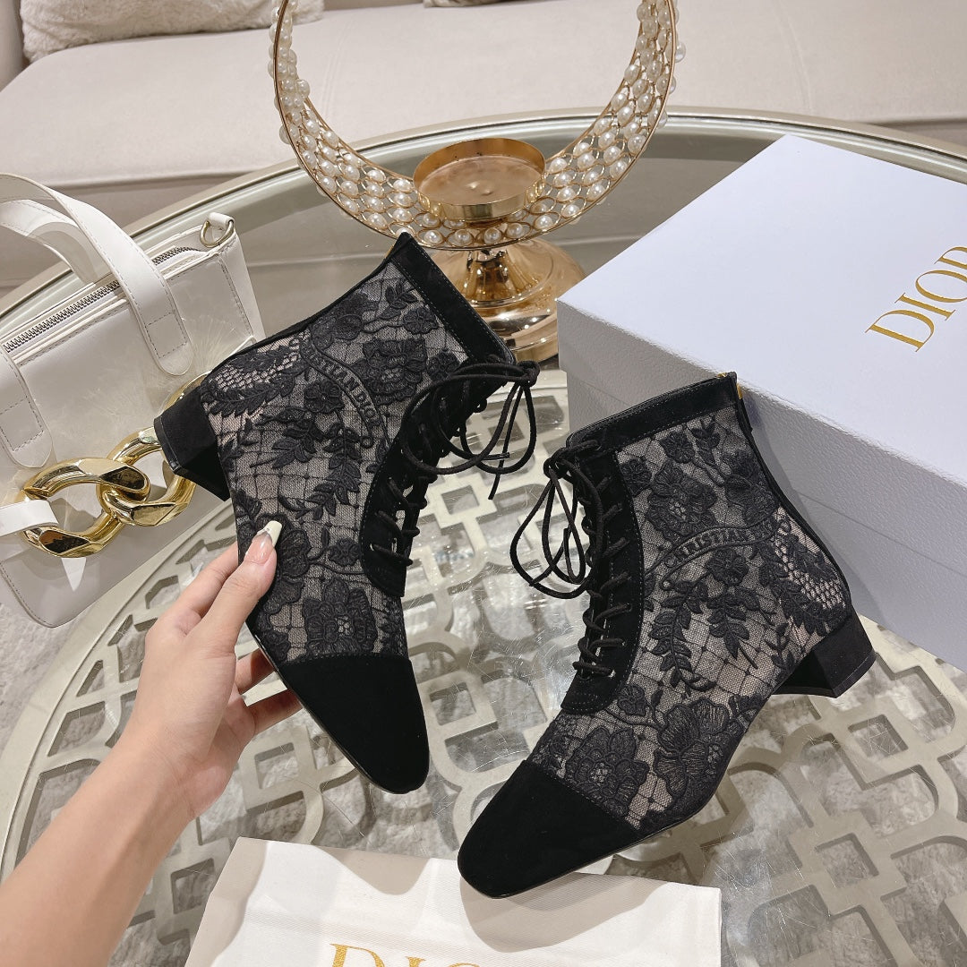 NAUGHTILY-D ANKLE BOOT BLACK TRANSPARENT MESH AND SUEDE EMBROIDERED WITH ROSES MOTIF 35 MM
