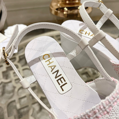 WEDGE SANDALS IN LIGHT PINK FABRIC WITH WHITE LOGO