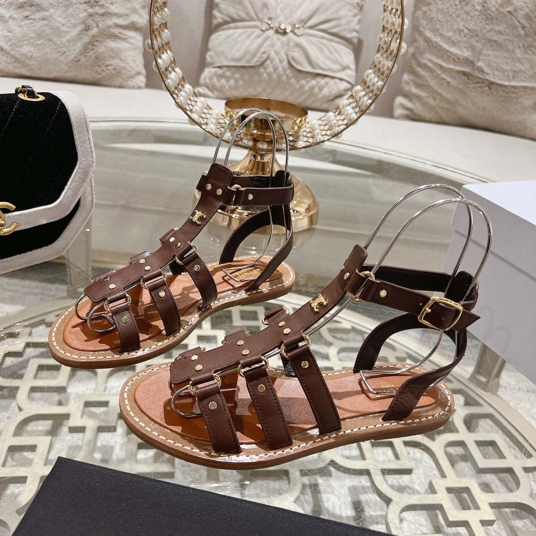 CLEA TRIOMPHE GLADIATOR SANDAL IN CHOCOLATE BROWN CALFSKIN - VEGETAL TANNING
