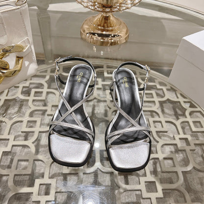 HIGH SANDAL 45MM IN SILVER LAMBSKIN