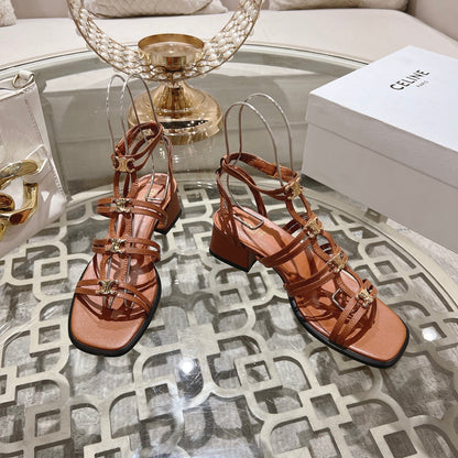 HIGH 45MM BLOCK HEEL SANDAL IN RUSSET BROWN LAMBSKIN