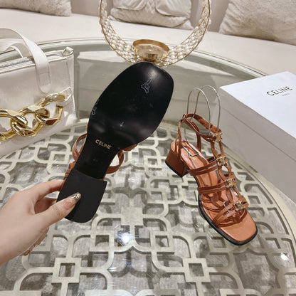HIGH 45MM BLOCK HEEL SANDAL IN RUSSET BROWN LAMBSKIN