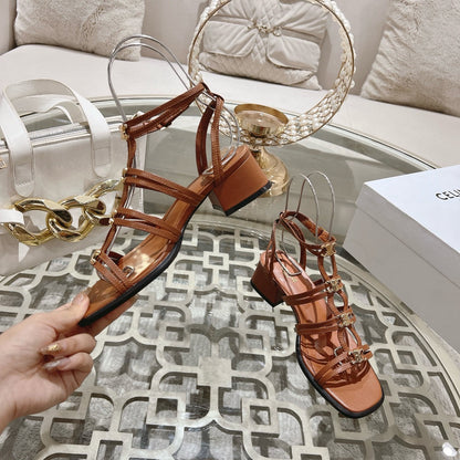 HIGH 45MM BLOCK HEEL SANDAL IN RUSSET BROWN LAMBSKIN