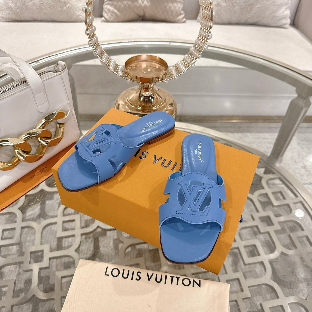 ISOLA FLAT SLIDE IN CORNFLOWER BLUE CALFSKIN
