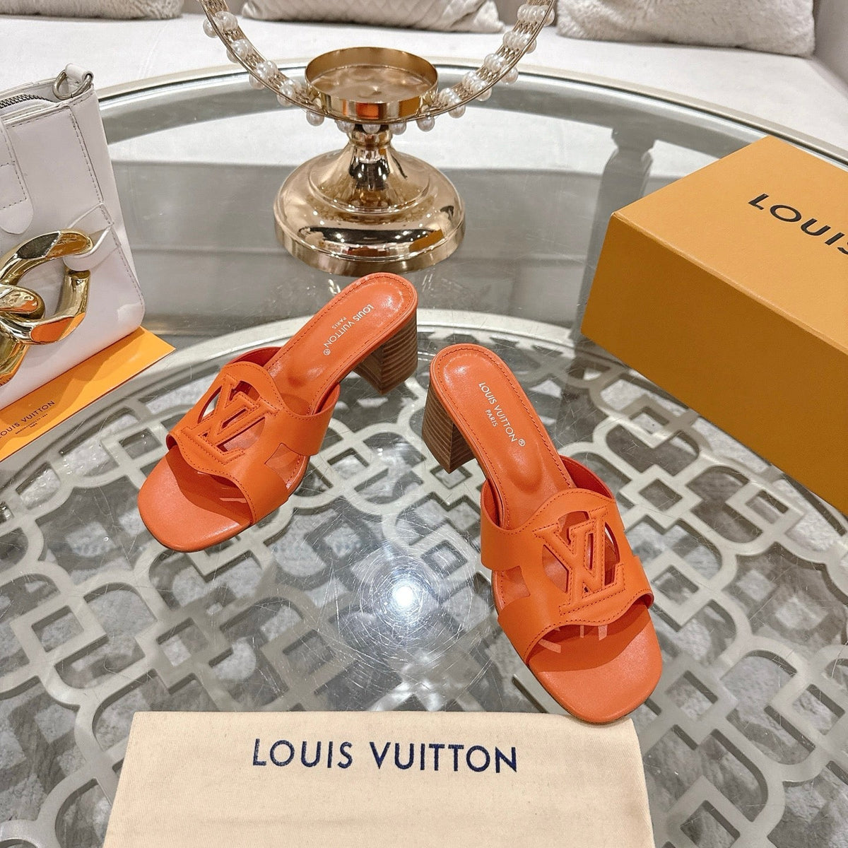 ISOLA HIGH 55 MM MULE IN VIVID ORANGE CALFSKIN