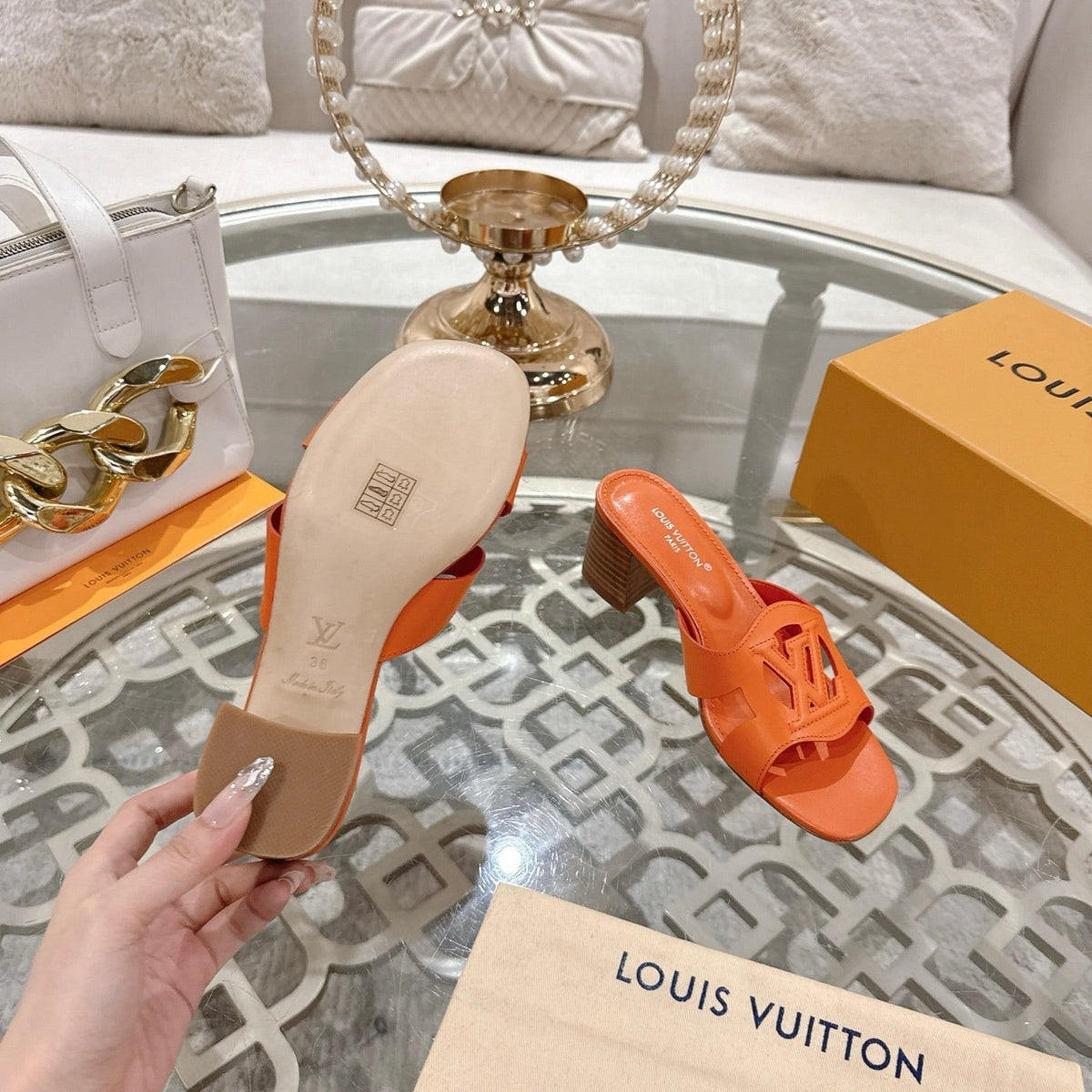 ISOLA HIGH 55 MM MULE IN VIVID ORANGE CALFSKIN