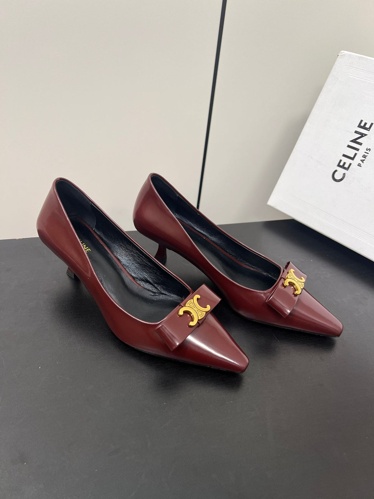 TRIOMPHE POINTED-TOE HIGH PUMPS IN BURGUNDY RED SHINY CALFSKIN