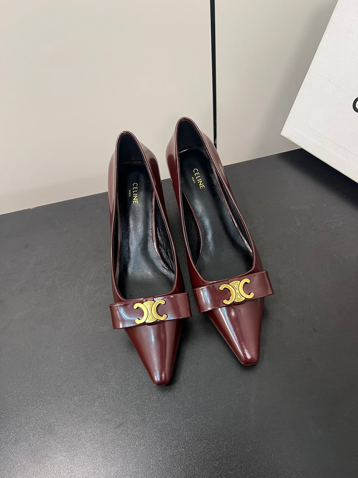 TRIOMPHE POINTED-TOE HIGH PUMPS IN BURGUNDY RED SHINY CALFSKIN