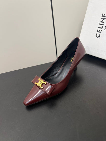 TRIOMPHE POINTED-TOE HIGH PUMPS IN BURGUNDY RED SHINY CALFSKIN