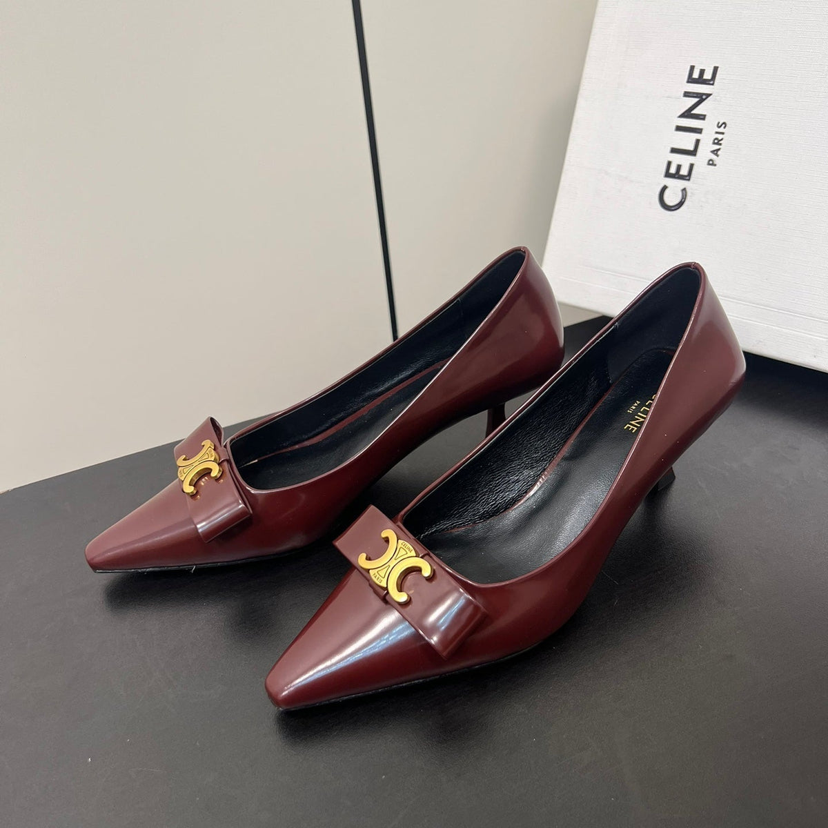 TRIOMPHE POINTED-TOE HIGH PUMPS IN BURGUNDY RED SHINY CALFSKIN