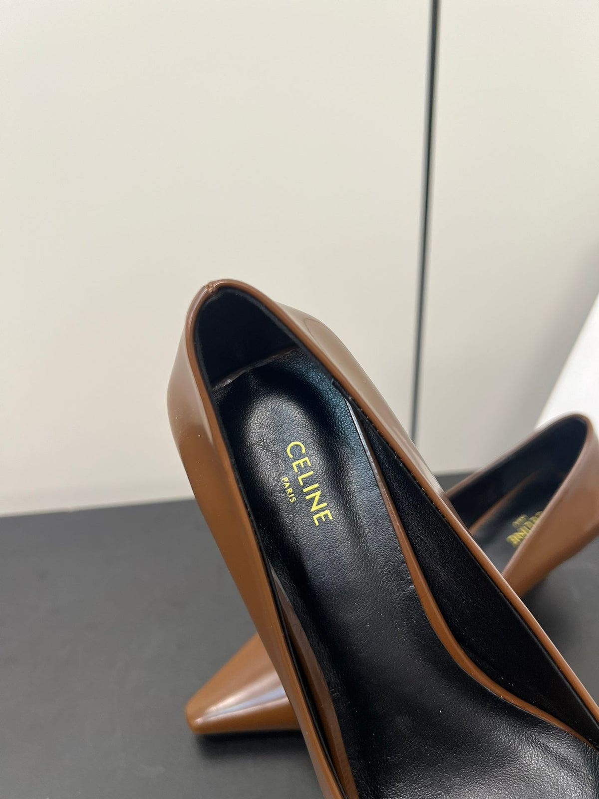TRIOMPHE POINTED-TOE HIGH PUMPS IN BROWN SHINY CALFSKIN