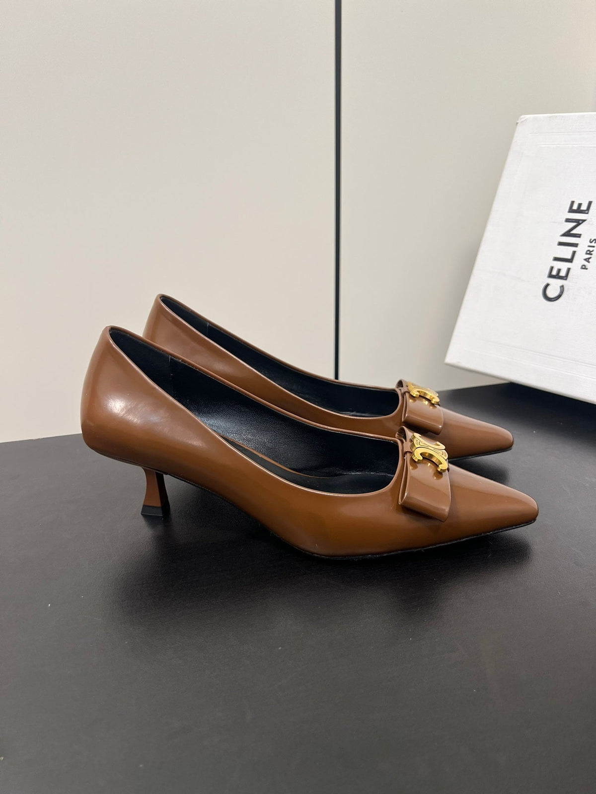 TRIOMPHE POINTED-TOE HIGH PUMPS IN BROWN SHINY CALFSKIN