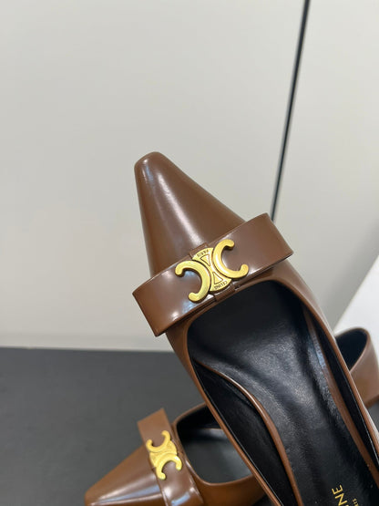 TRIOMPHE POINTED-TOE HIGH PUMPS IN BROWN SHINY CALFSKIN