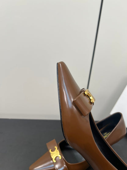 TRIOMPHE POINTED-TOE HIGH PUMPS IN BROWN SHINY CALFSKIN