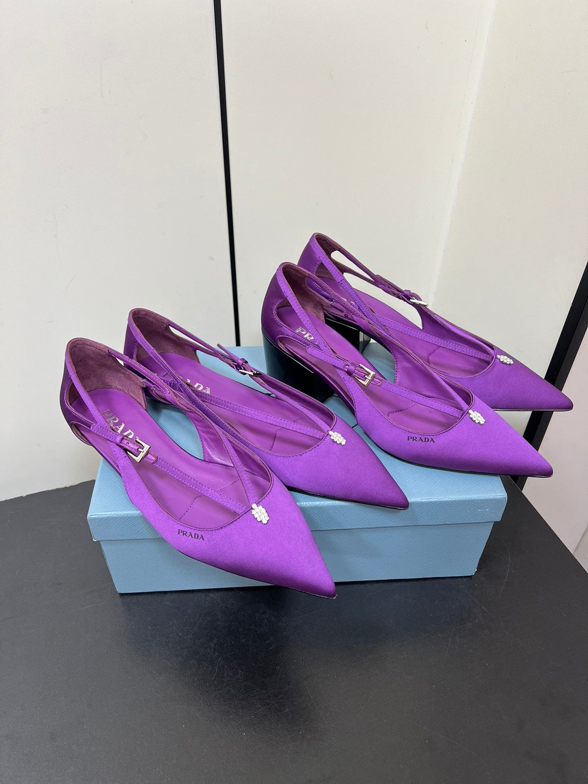 CUT-OUT BALLERINA FLAT IN VIOLET SATIN ATTACHED BEAD BUCKLE