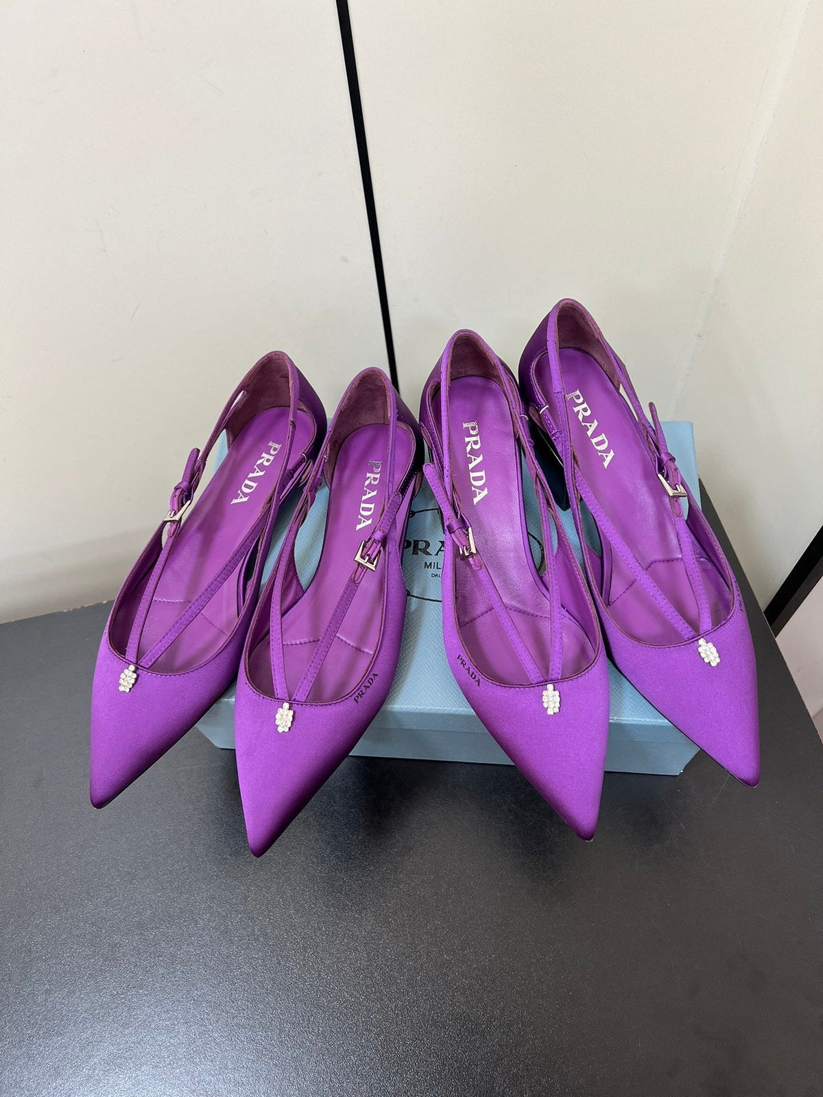 CUT-OUT BALLERINA FLAT IN VIOLET SATIN ATTACHED BEAD BUCKLE