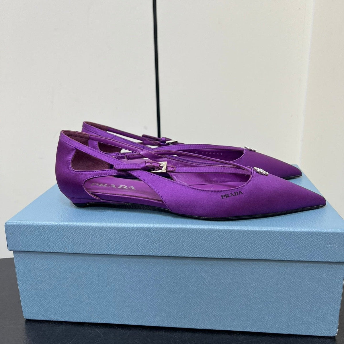 CUT-OUT BALLERINA FLAT IN VIOLET SATIN ATTACHED BEAD BUCKLE