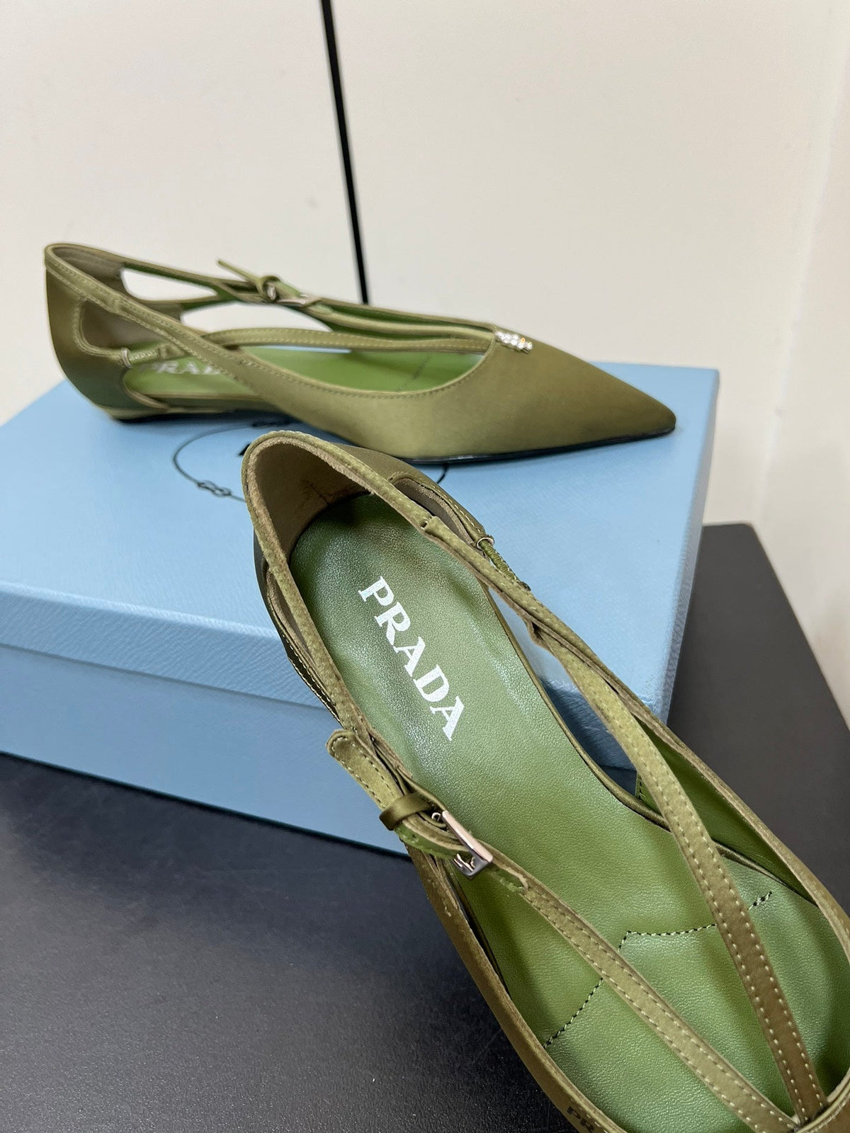 CUT-OUT BALLERINA FLAT IN OLIVE GREEN SATIN ATTACHED BEAD BUCKLE