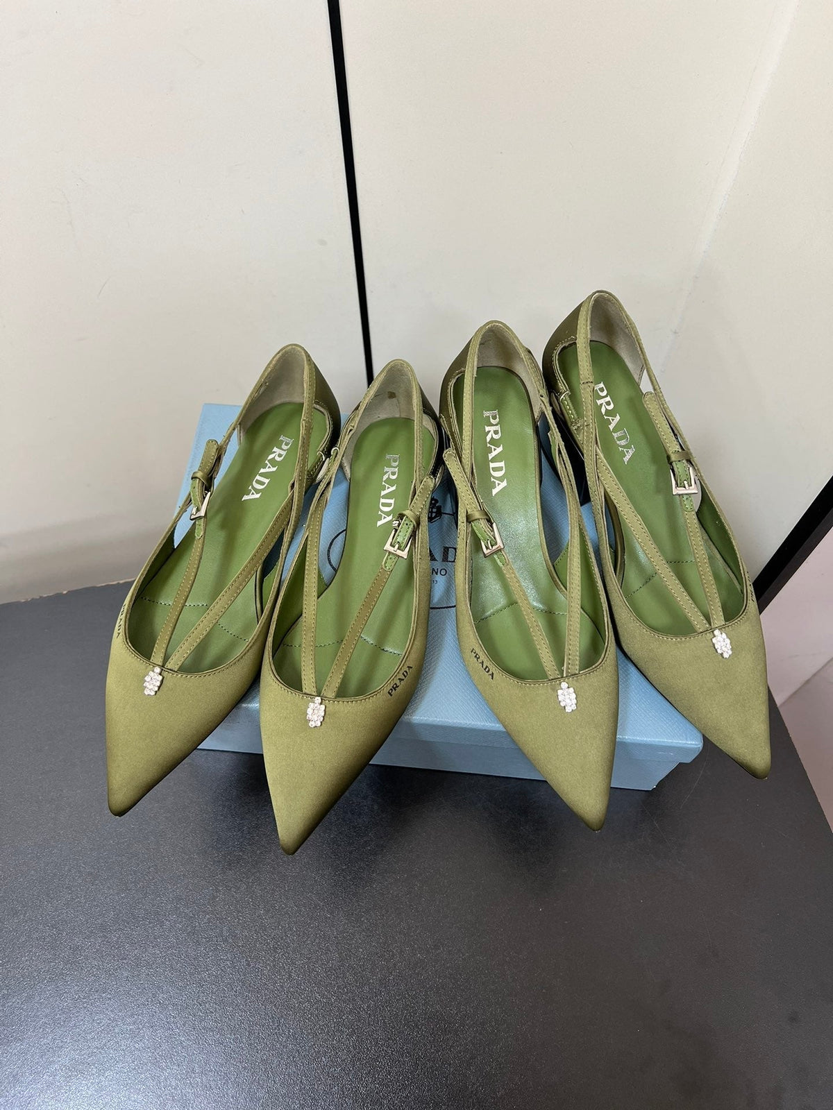 CUT-OUT BALLERINA FLAT IN OLIVE GREEN SATIN ATTACHED BEAD BUCKLE