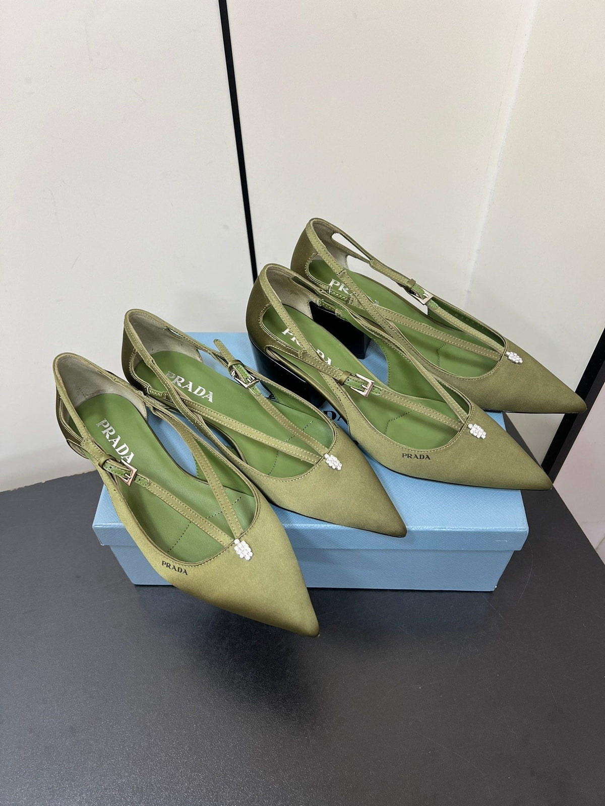 CUT-OUT BALLERINA FLAT IN OLIVE GREEN SATIN ATTACHED BEAD BUCKLE