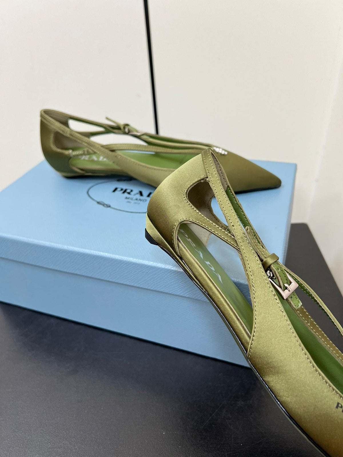 CUT-OUT BALLERINA FLAT IN OLIVE GREEN SATIN ATTACHED BEAD BUCKLE