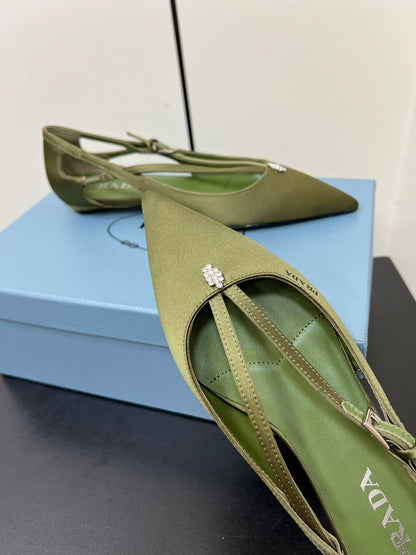 CUT-OUT BALLERINA FLAT IN OLIVE GREEN SATIN ATTACHED BEAD BUCKLE