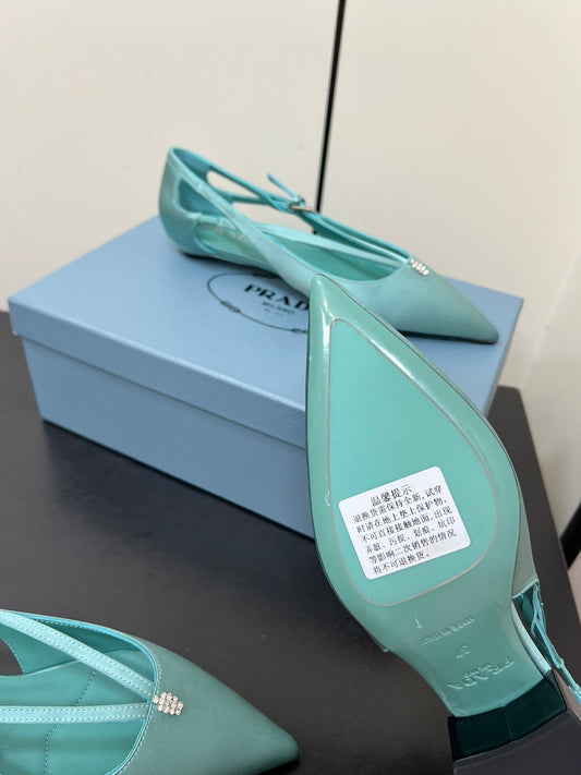 CUT-OUT BALLERINA FLAT IN TURQUOISE BLUE SATIN ATTACHED BEAD BUCKLE