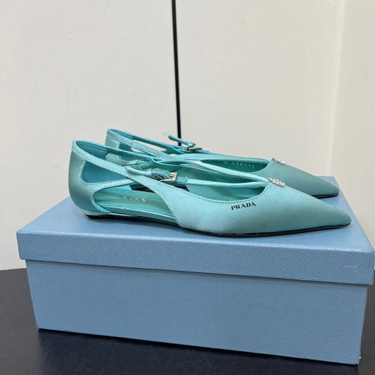 CUT-OUT BALLERINA FLAT IN TURQUOISE BLUE SATIN ATTACHED BEAD BUCKLE