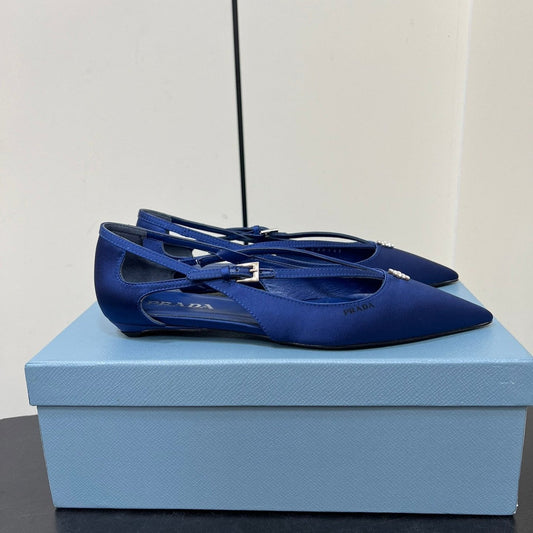 CUT-OUT BALLERINA FLAT IN NAVY BLUE SATIN ATTACHED BEAD BUCKLE