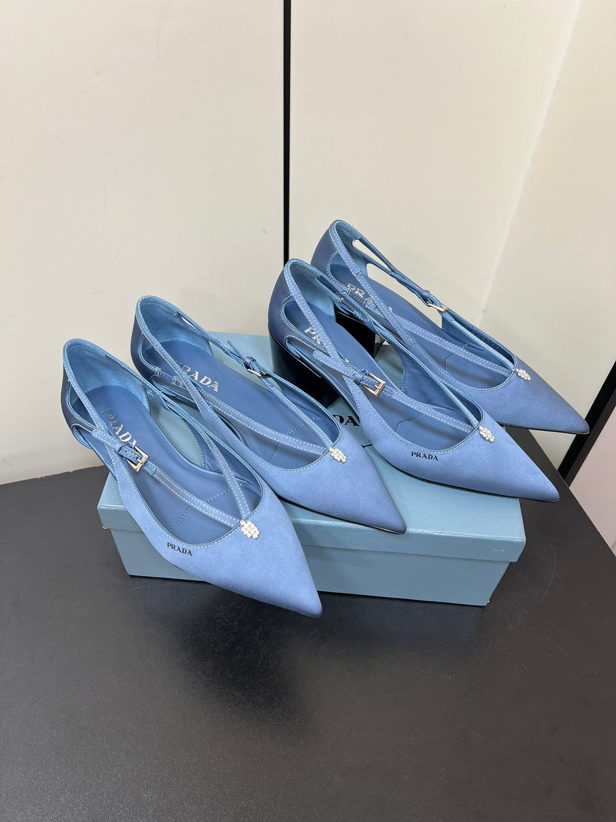 CUT-OUT BALLERINA FLAT IN PERANO BLUE SATIN ATTACHED BEAD BUCKLE