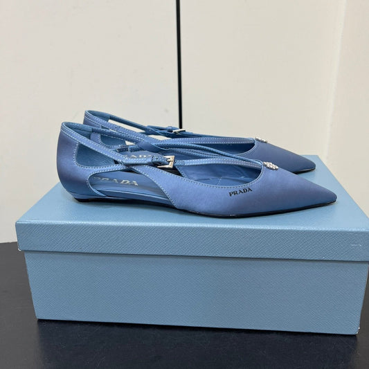 CUT-OUT BALLERINA FLAT IN PERANO BLUE SATIN ATTACHED BEAD BUCKLE