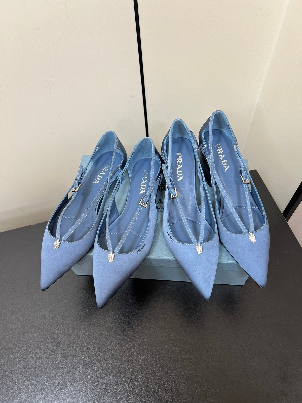 CUT-OUT BALLERINA FLAT IN PERANO BLUE SATIN ATTACHED BEAD BUCKLE
