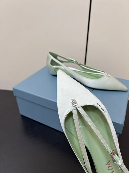 CUT-OUT BALLERINA FLAT IN CHETWODE GREEN SATIN ATTACHED BEAD BUCKLE