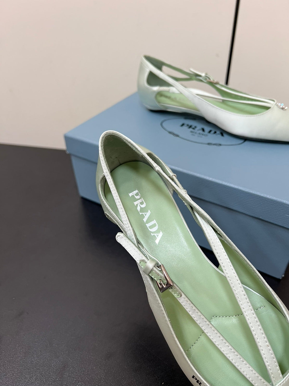 CUT-OUT BALLERINA FLAT IN CHETWODE GREEN SATIN ATTACHED BEAD BUCKLE