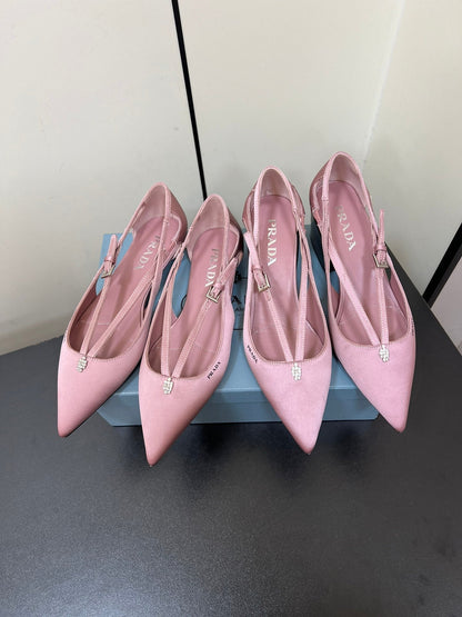 CUT-OUT PUMPS WITH BEAD BUCKLE IN BABY PINK SATIN