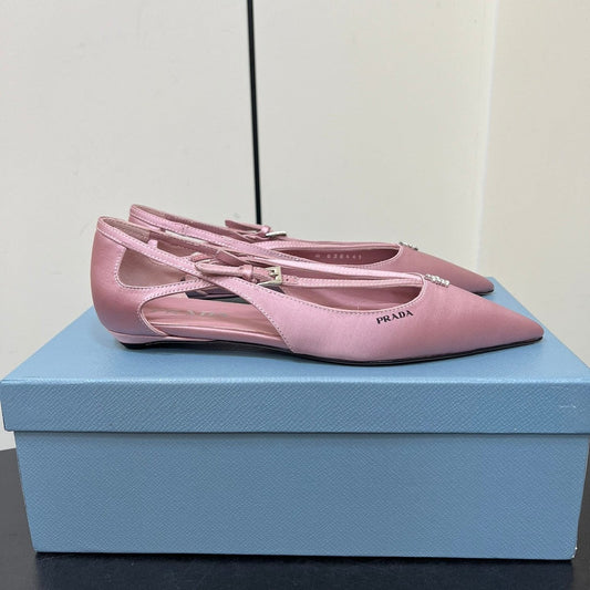 CUT-OUT BALLERINA FLAT IN BABY PINK SATIN ATTACHED BEAD BUCKLE