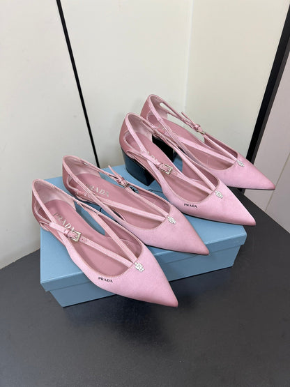 CUT-OUT PUMPS WITH BEAD BUCKLE IN BABY PINK SATIN