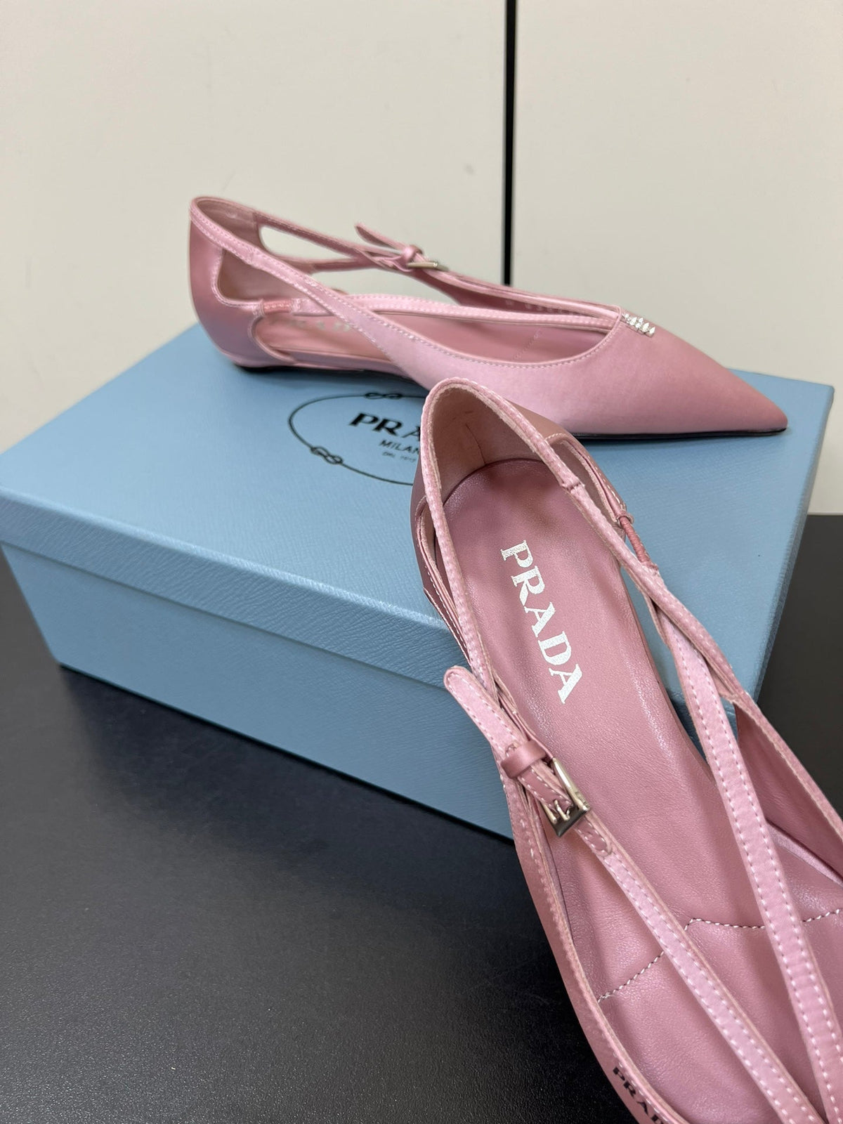CUT-OUT BALLERINA FLAT IN BABY PINK SATIN ATTACHED BEAD BUCKLE