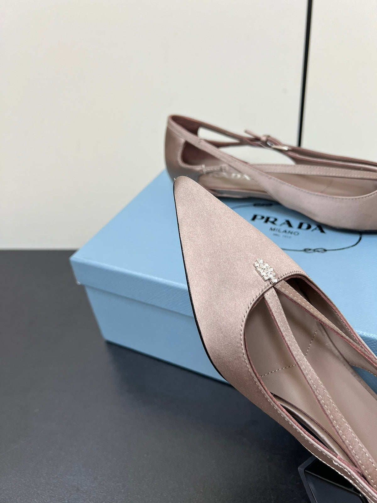 CUT-OUT BALLERINA FLAT IN HAZELNUT BEIGE SATIN ATTACHED BEAD BUCKLE