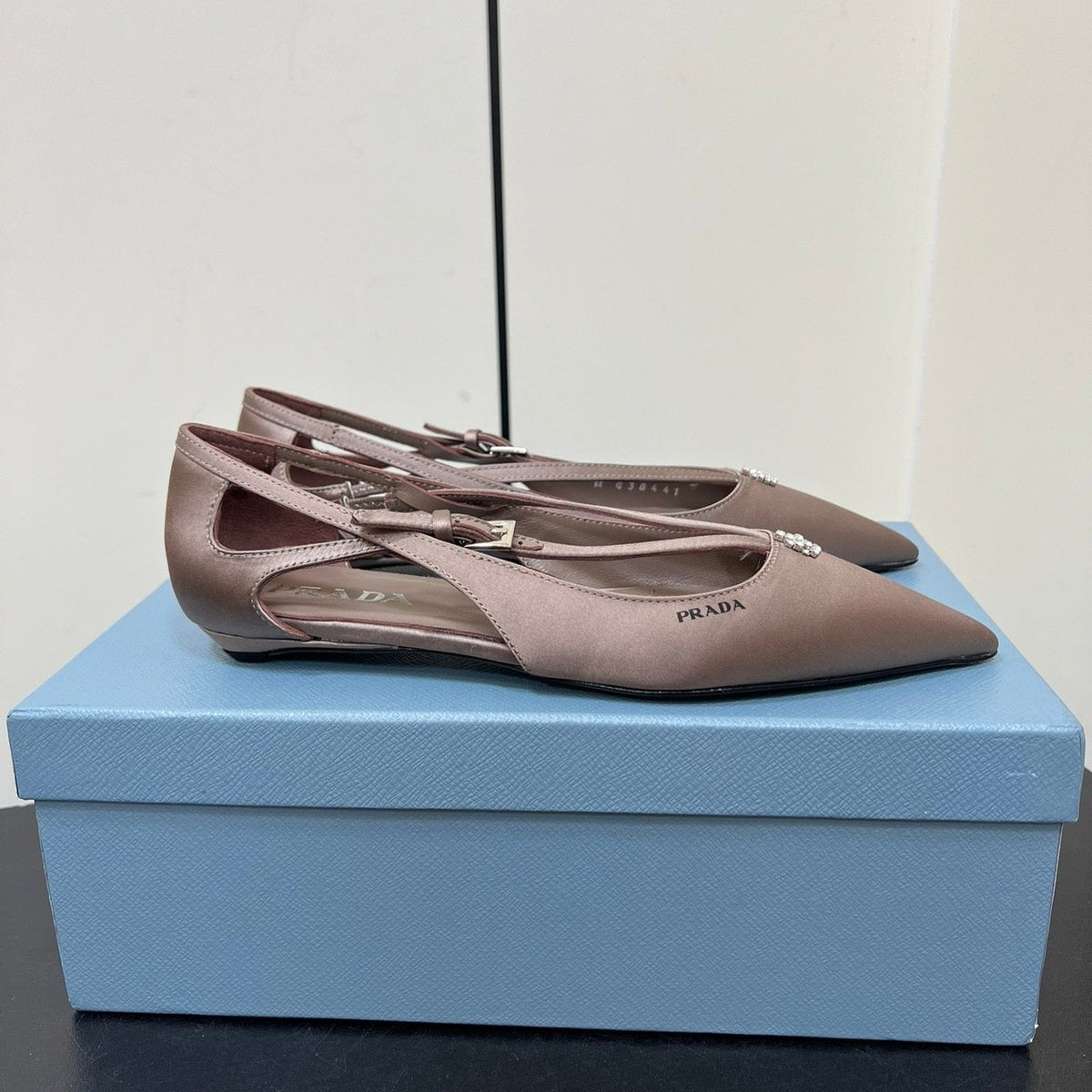 CUT-OUT BALLERINA FLAT IN HAZELNUT BEIGE SATIN ATTACHED BEAD BUCKLE
