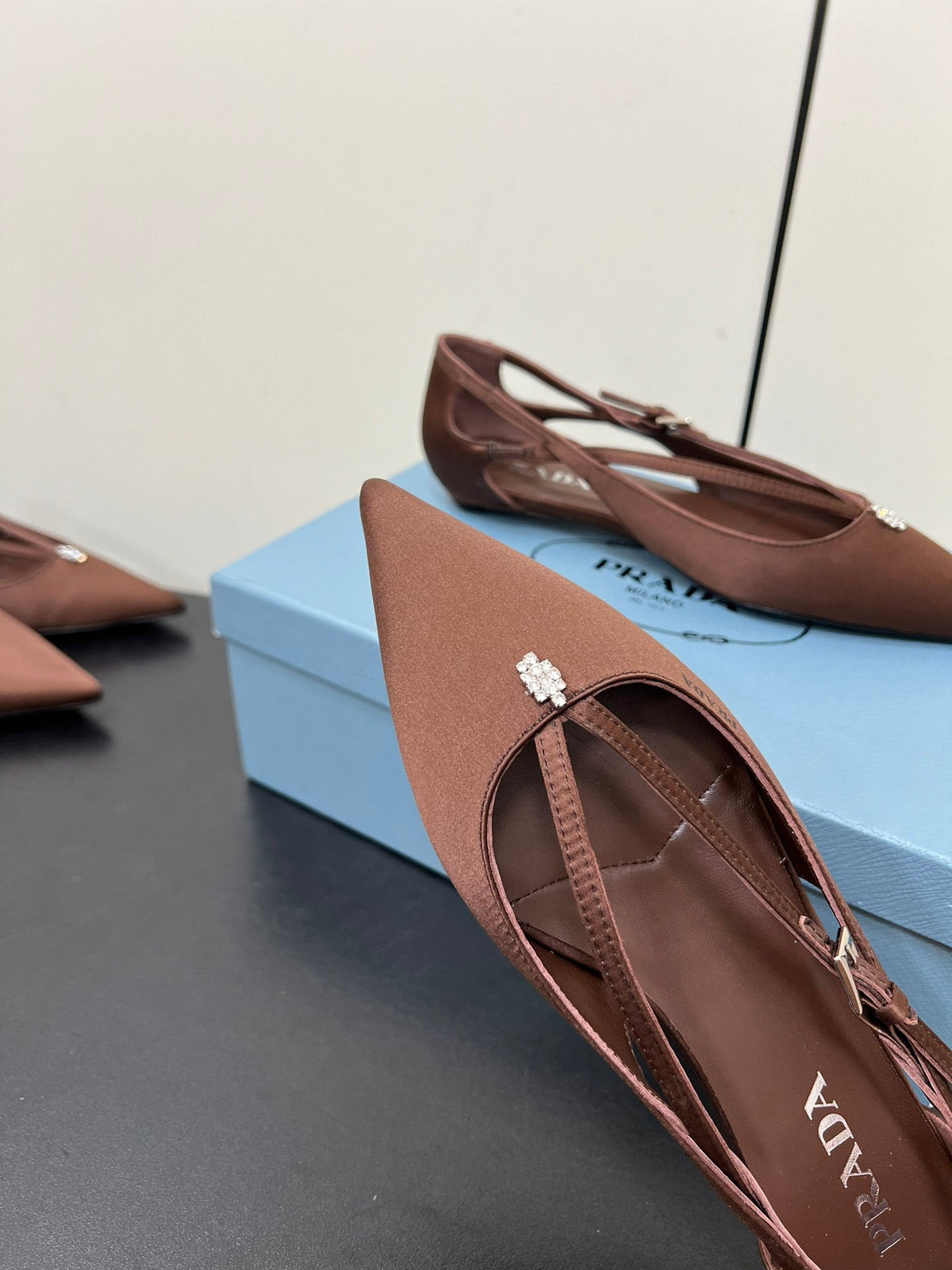 CUT-OUT BALLERINA FLAT IN CHOCOLATE BROWN SATIN ATTACHED BEAD BUCKLE