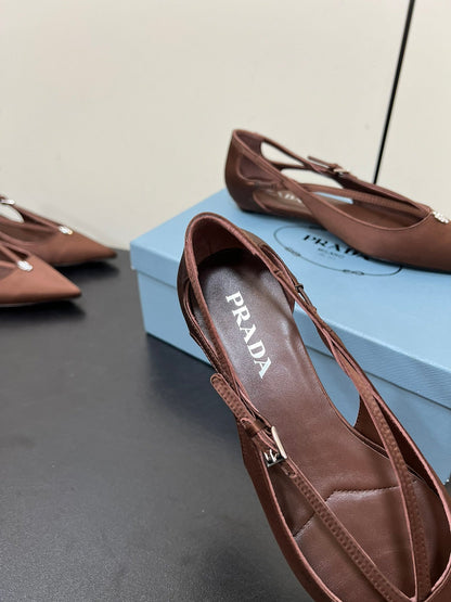CUT-OUT BALLERINA FLAT IN CHOCOLATE BROWN SATIN ATTACHED BEAD BUCKLE