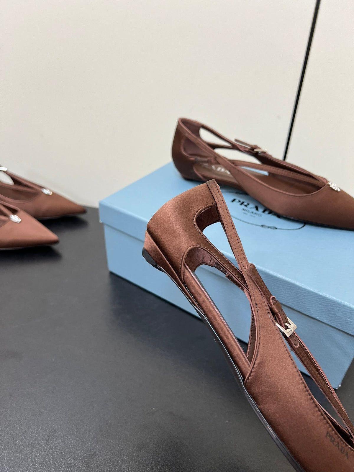 CUT-OUT BALLERINA FLAT IN CHOCOLATE BROWN SATIN ATTACHED BEAD BUCKLE